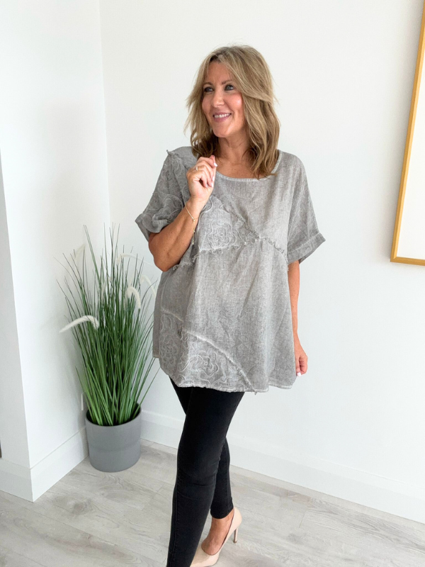 Brushed cotton and linen embroidered top with short sleeves and relaxed fit, displayed flat on neutral background