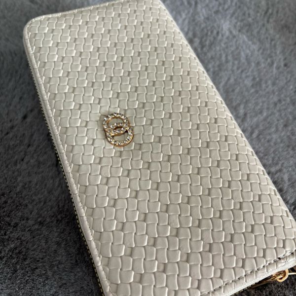 Luxury woven faux leather 2-zip purse with hand strap, crystal-embellished emblem, and spacious compartments for cash, cards, coins, and phone.