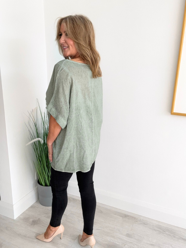 Brushed cotton and linen embroidered top with short sleeves and relaxed fit, displayed flat on neutral background
