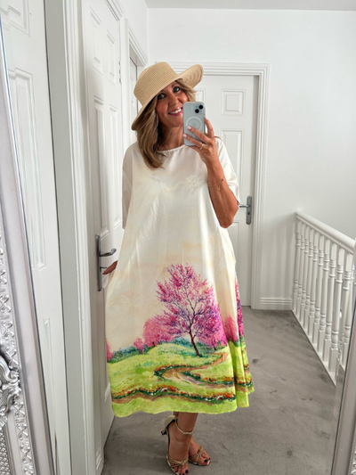 Textured short sleeve midi dress with artistic landscape and tree print – breathable cotton blend, free size 8–20, made in Italy