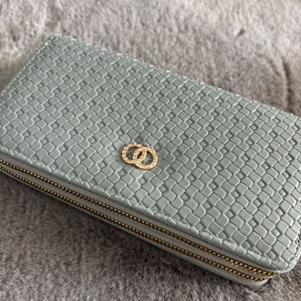 Luxury woven faux leather 2-zip purse with hand strap, crystal-embellished emblem, and spacious compartments for cash, cards, coins, and phone.