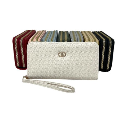 Luxury woven faux leather 2-zip purse with hand strap, crystal-embellished emblem, and spacious compartments for cash, cards, coins, and phone.