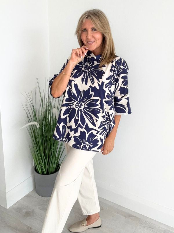Watercolor floral print loose blouse with classic collar, available in navy and baby blue, free size 8–18