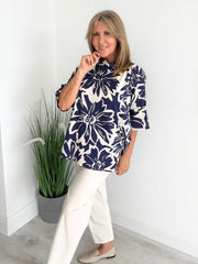 Watercolor floral print loose blouse with classic collar, available in navy and baby blue, free size 8–18