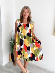 Printed sleeveless mini dress with A-line fit and side pockets – lightweight and breathable, free size fits 8–20