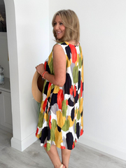 Printed sleeveless mini dress with A-line fit and side pockets – lightweight and breathable, free size fits 8–20