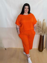 Model wearing Bold in Bark 3/4 Length Co-Ord Set with Tree Bark Fabric T-Shirt and Culotte Trousers – Comfortable and Stylish Casual Outfit