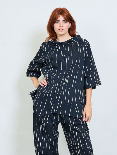 Oversized dash print cowl-neck blouse with 3/4 sleeves and relaxed fit, free size 8–20