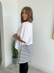 Oversized cotton blend shirt with striped panels and adjustable drawstring hem – free size 8–20, high-low relaxed fit