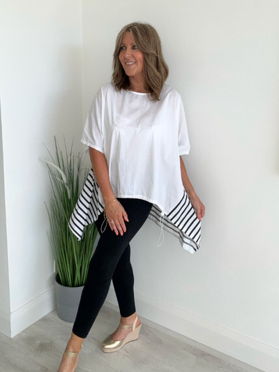 Oversized cotton blend shirt with striped panels and adjustable drawstring hem – free size 8–20, high-low relaxed fit