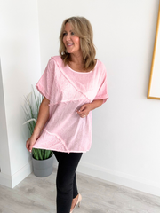 Brushed cotton and linen embroidered top with short sleeves and relaxed fit, displayed flat on neutral background