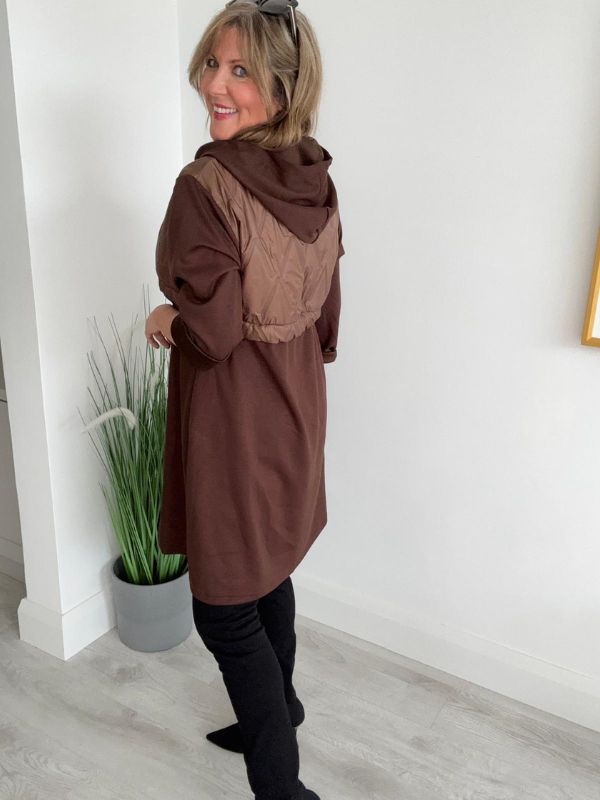Back view of quilted hood longline hoodie jacket with hood.