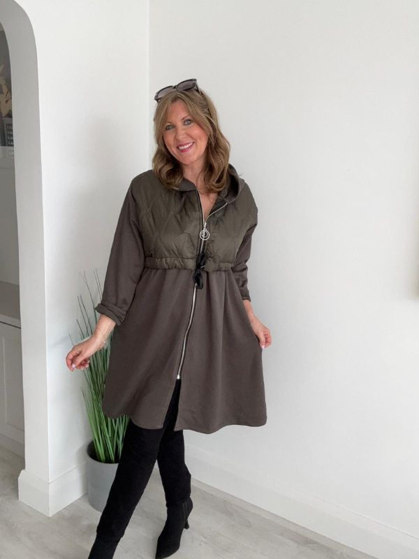Back view of quilted hood longline hoodie jacket with hood.