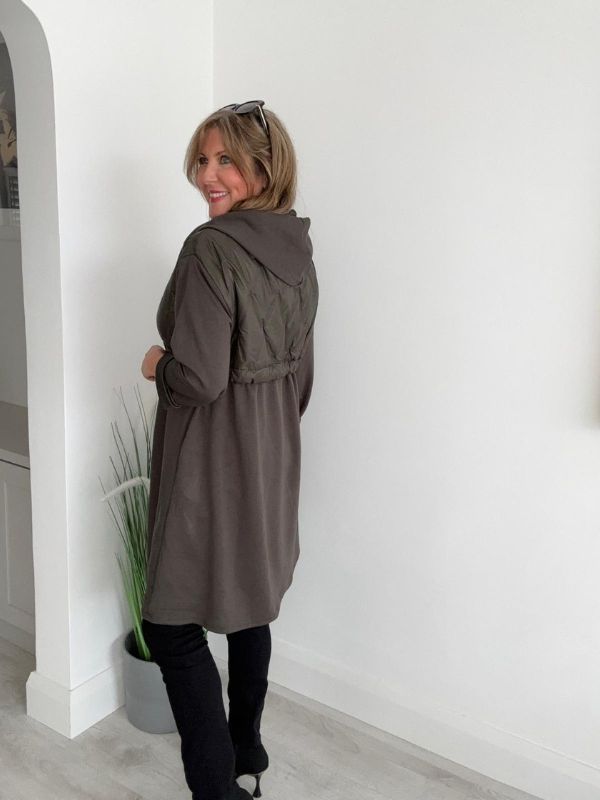 Back view of quilted hood longline hoodie jacket with hood.
