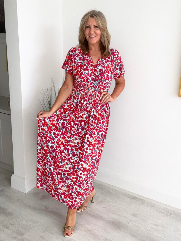 Floral print magic waist dress – flowing fabric, free size fits UK 8–20, perfect for spring and summer.