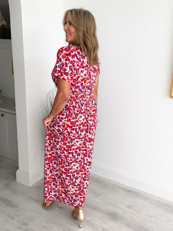 Floral print magic waist dress – flowing fabric, free size fits UK 8–20, perfect for spring and summer.