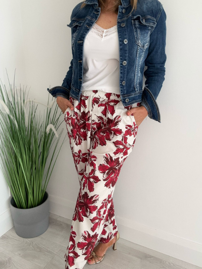 Tropical hibiscus floral print tapered trousers with elastic waistband and pockets, made in Italy, one size fits 8–20