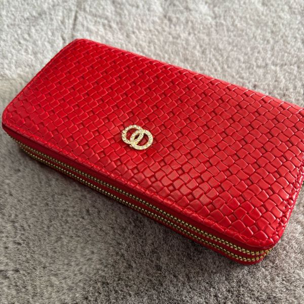 Luxury woven faux leather 2-zip purse with hand strap, crystal-embellished emblem, and spacious compartments for cash, cards, coins, and phone.