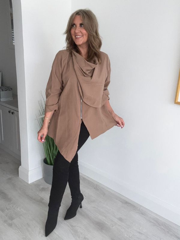 Ladies free-size tunic top with asymmetric hem
