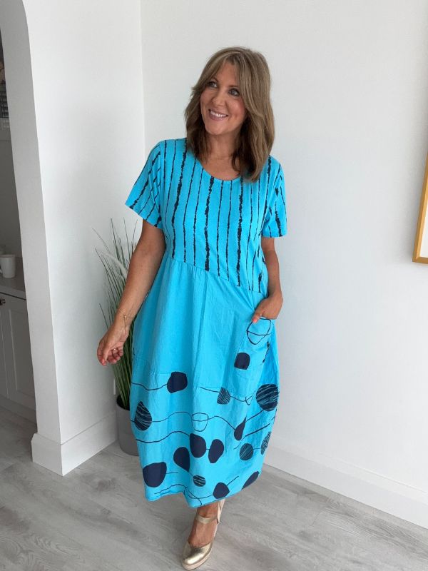 Model wearing Turquoise Blue midi dress with navy polka dots and stripes – one size fits 8–18