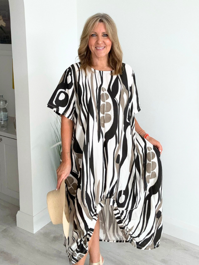 Oversized vintage midi dress with abstract wave-stripe print and draped front tie detail – free size 8-22 in breathable cotton