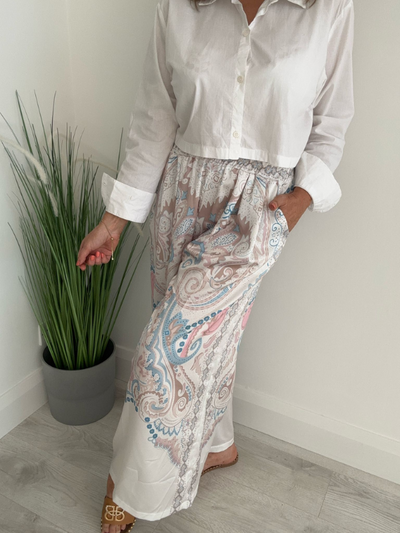 Wide-leg paisley print trousers with lace-style border and elastic waistband – fits UK sizes 8–20