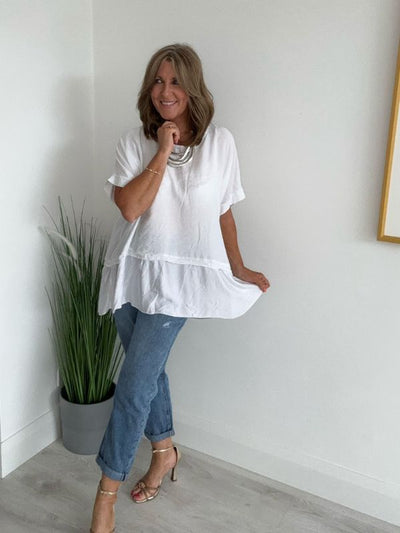 Flowy oversized top with soft fabric, satin frill trim across the front hem, round neckline, and relaxed fit suitable for UK sizes 10–20.