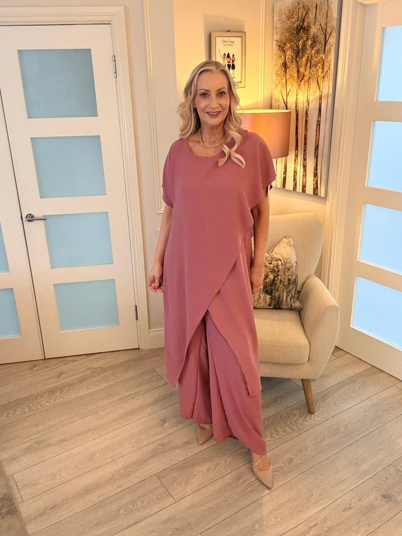 Elegant Draped Co-Ord Set – Loose Fit Top & Wide Leg Trousers