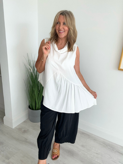 Vintage asymmetrical hem sleeveless top with cowl neckline in lightweight fabric – fits sizes 8 to 16