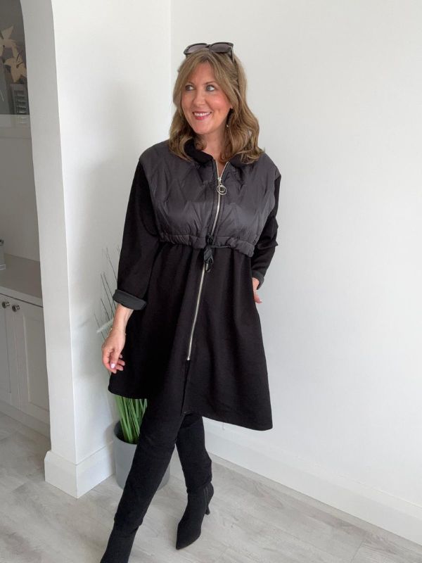 Back view of quilted hood longline hoodie jacket with hood.