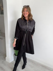 Back view of quilted hood longline hoodie jacket with hood.