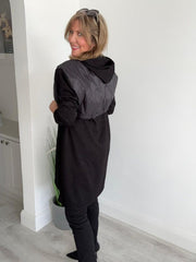 Back view of quilted hood longline hoodie jacket with hood.