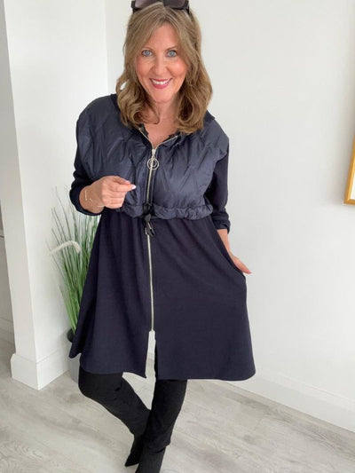 Back view of quilted hood longline hoodie jacket with hood.