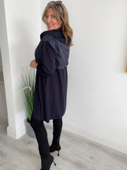 Back view of quilted hood longline hoodie jacket with hood.